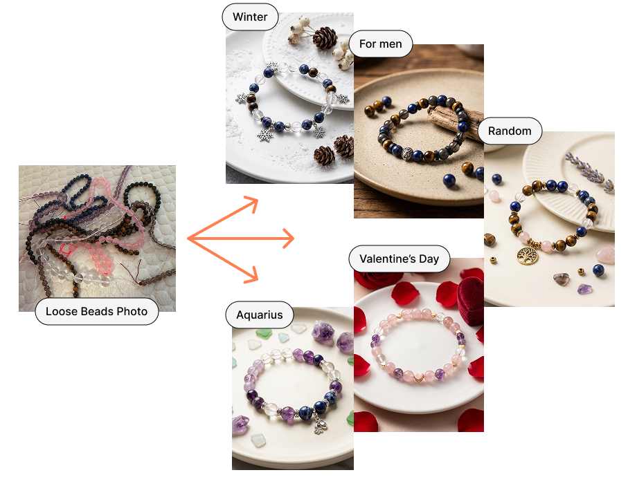 Design Lab interface showing loose beads transformed into bracelet designs