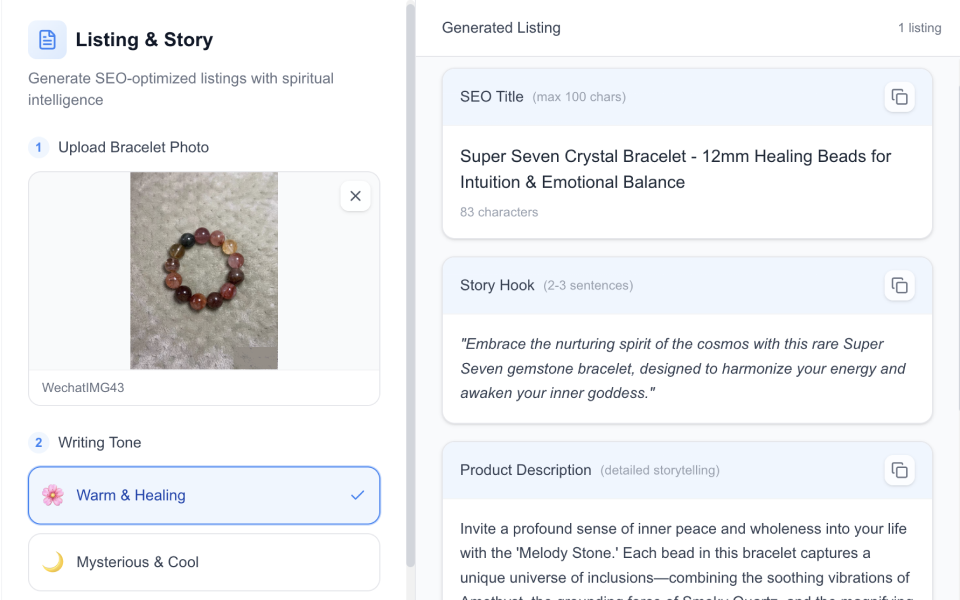 Listing & Story interface showing generated product description